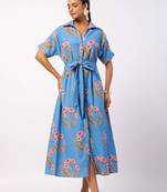 Blue calf length cotton flower butta printed shirt dress with belt