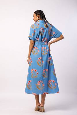 Blue calf length cotton flower butta printed shirt dress with belt 2