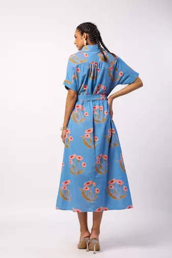 Blue calf length cotton flower butta printed shirt dress with belt