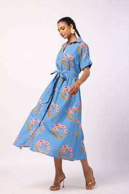 Blue calf length cotton flower butta printed shirt dress with belt 3