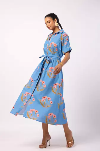 Blue calf length cotton flower butta printed shirt dress with belt