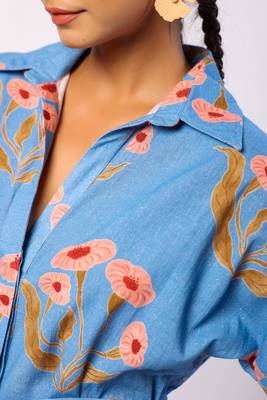 Blue calf length cotton flower butta printed shirt dress with belt 4
