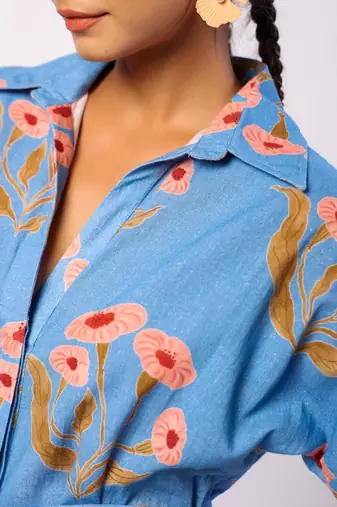 Blue calf length cotton flower butta printed shirt dress with belt