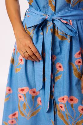Blue calf length cotton flower butta printed shirt dress with belt 5