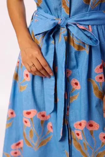 Blue calf length cotton flower butta printed shirt dress with belt