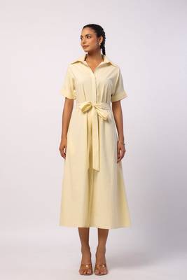 Ivory short sleeves front button calf length cotton shirt dress with belt 1
