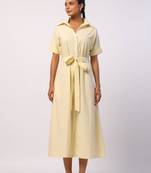Ivory short sleeves front button calf length cotton shirt dress with belt