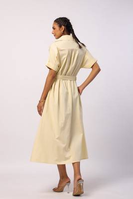Ivory short sleeves front button calf length cotton shirt dress with belt 2