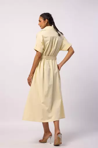 Ivory short sleeves front button calf length cotton shirt dress with belt