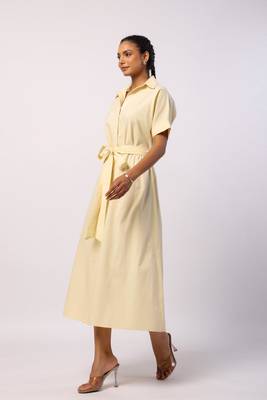 Ivory short sleeves front button calf length cotton shirt dress with belt 3