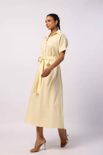 Ivory short sleeves front button calf length cotton shirt dress with belt