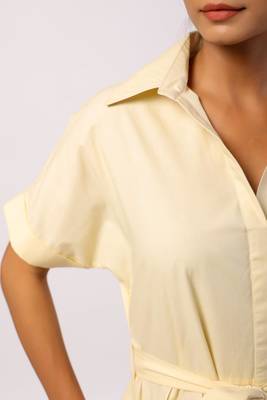Ivory short sleeves front button calf length cotton shirt dress with belt 4