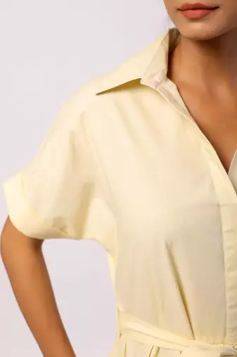 Ivory short sleeves front button calf length cotton shirt dress with belt
