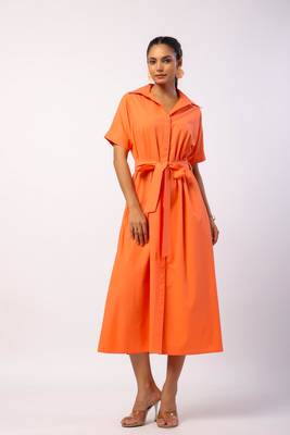 Tangerine short sleeves front button calf length cotton shirt dress with belt 1