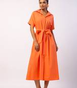 Tangerine short sleeves front button calf length cotton shirt dress with belt