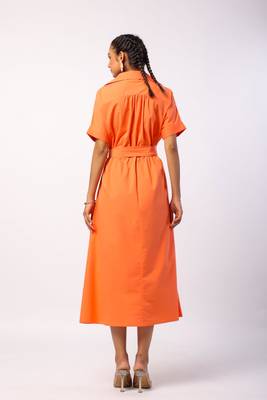 Tangerine short sleeves front button calf length cotton shirt dress with belt 2