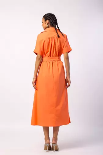 Tangerine short sleeves front button calf length cotton shirt dress with belt
