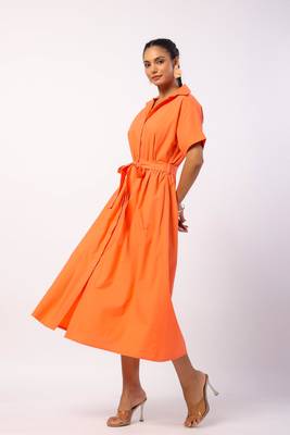 Tangerine short sleeves front button calf length cotton shirt dress with belt 3