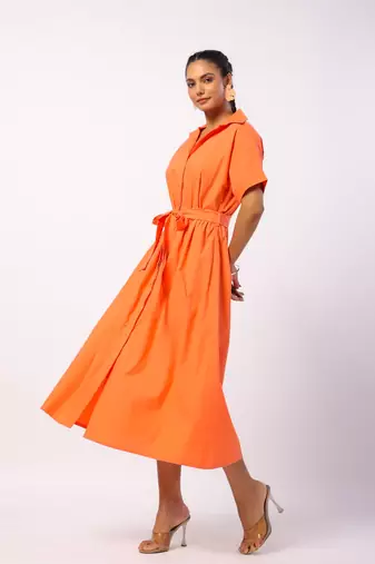 Tangerine short sleeves front button calf length cotton shirt dress with belt