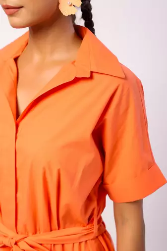 Tangerine short sleeves front button calf length cotton shirt dress with belt