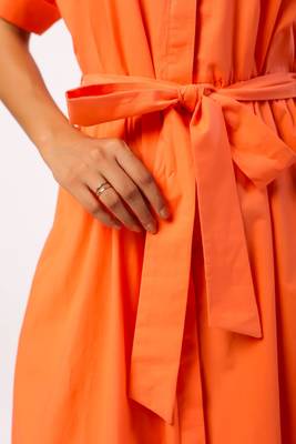 Tangerine short sleeves front button calf length cotton shirt dress with belt 5