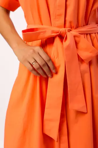 Tangerine short sleeves front button calf length cotton shirt dress with belt