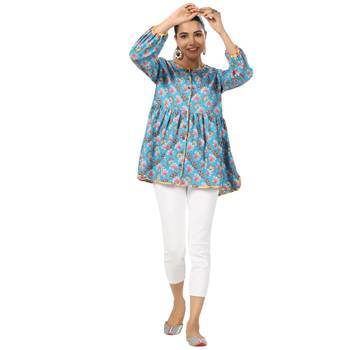 Lotus floral printed 3/4th sleeve front button cotton top 1