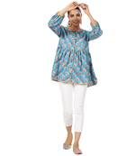 Lotus floral printed 3/4th sleeve front button cotton top