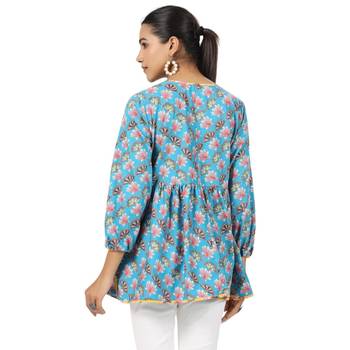 Lotus floral printed 3/4th sleeve front button cotton top 2