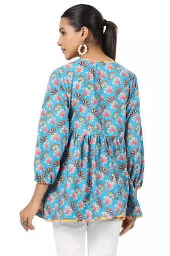 Lotus floral printed 3/4th sleeve front button cotton top