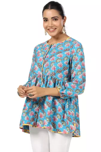 Lotus floral printed 3/4th sleeve front button cotton top