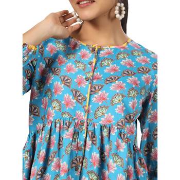 Lotus floral printed 3/4th sleeve front button cotton top 4
