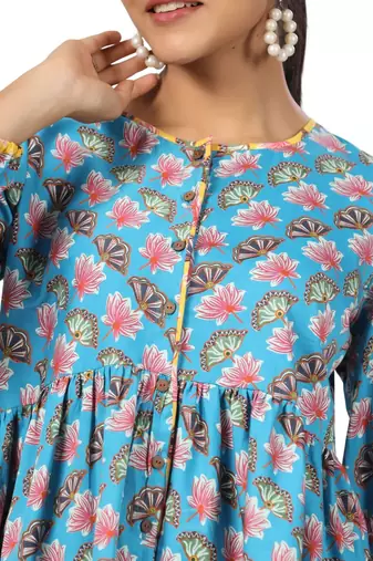 Lotus floral printed 3/4th sleeve front button cotton top