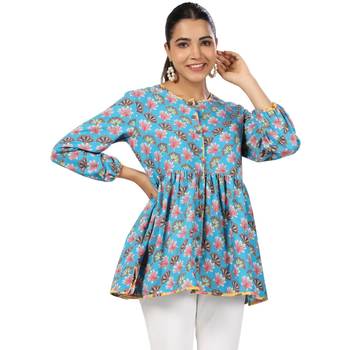 Lotus floral printed 3/4th sleeve front button cotton top 5