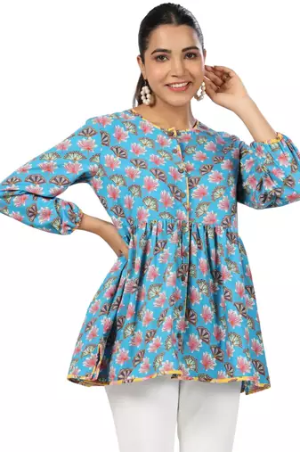 Lotus floral printed 3/4th sleeve front button cotton top