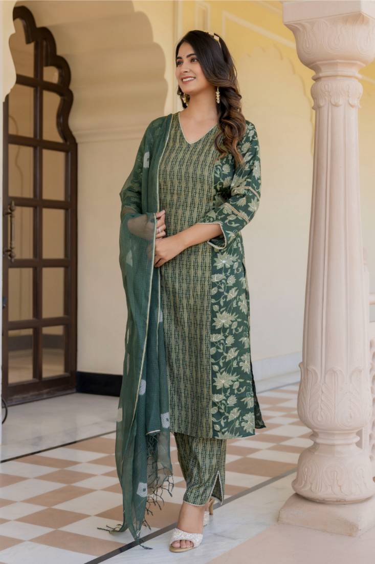 Green floral printed regular kurta with palazzos  dupatta