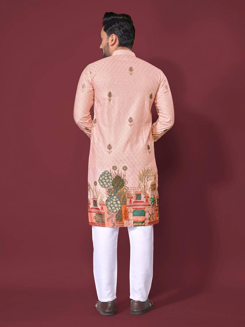 Elegant Peach Rayon Kurta with Raymond Cotton Pajama & Crochet Detailing