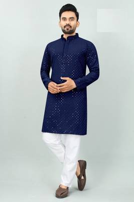 Blue rayon chikan work kurta pajama 1