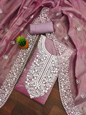 Leeza Store Women's Mauve Chanderi Cotton White Embroidered Lucknowi Chikankari Style Salwar Suit Dress Material 1