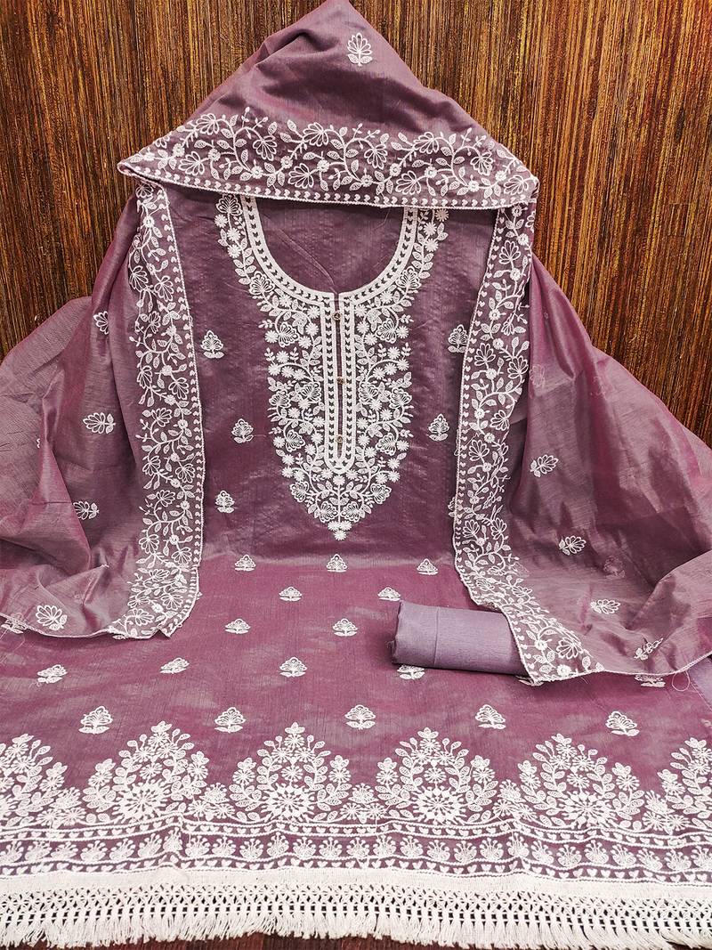 Leeza Store Women's Mauve Chanderi Cotton White Embroidered Lucknowi Chikankari Style Salwar Suit Dress Material