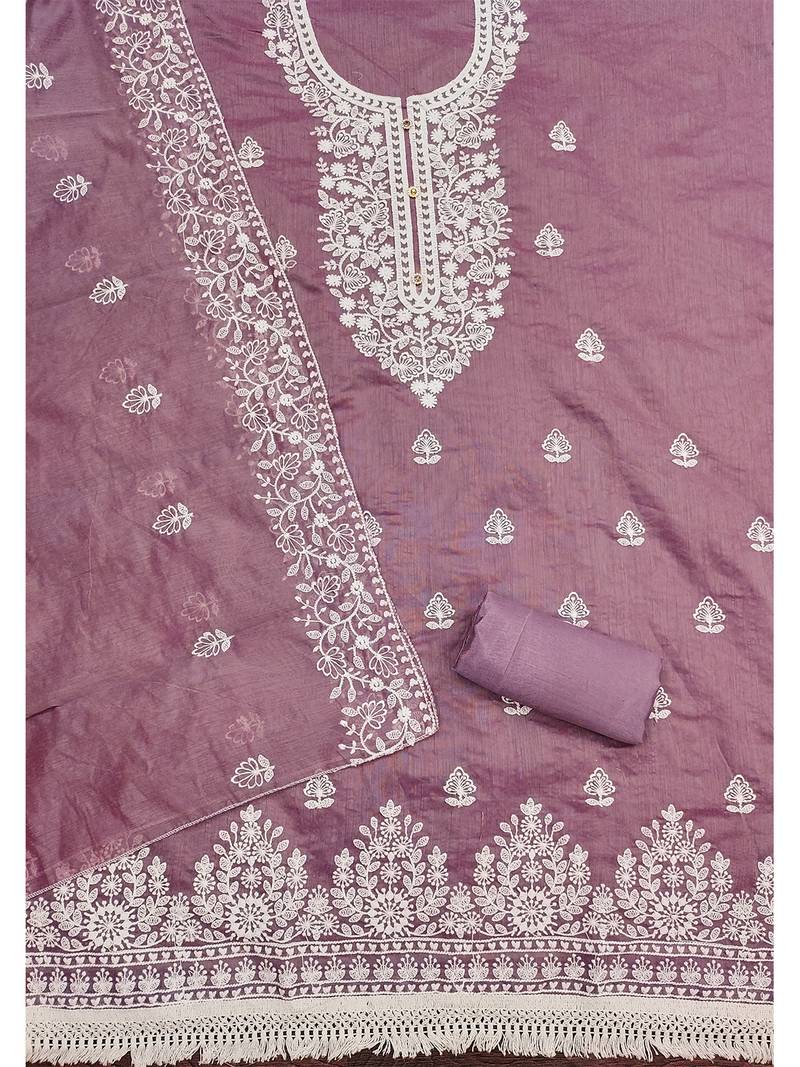 Leeza Store Women's Mauve Chanderi Cotton White Embroidered Lucknowi Chikankari Style Salwar Suit Dress Material