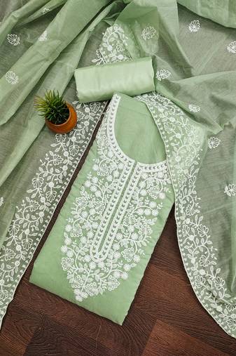 Women's Green Chanderi Cotton White Embroidered Lucknowi Chikankari Style Salwar Suit Dress Material