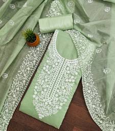 Women's Green Chanderi Cotton White Embroidered Lucknowi Chikankari Style Salwar Suit Dress Material