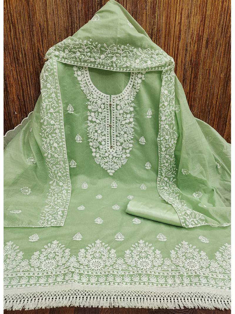 Women's Green Chanderi Cotton White Embroidered Lucknowi Chikankari Style Salwar Suit Dress Material