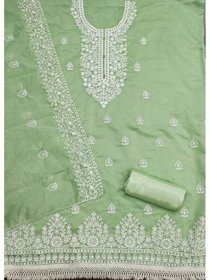 Women's Green Chanderi Cotton White Embroidered Lucknowi Chikankari Style Salwar Suit Dress Material 3