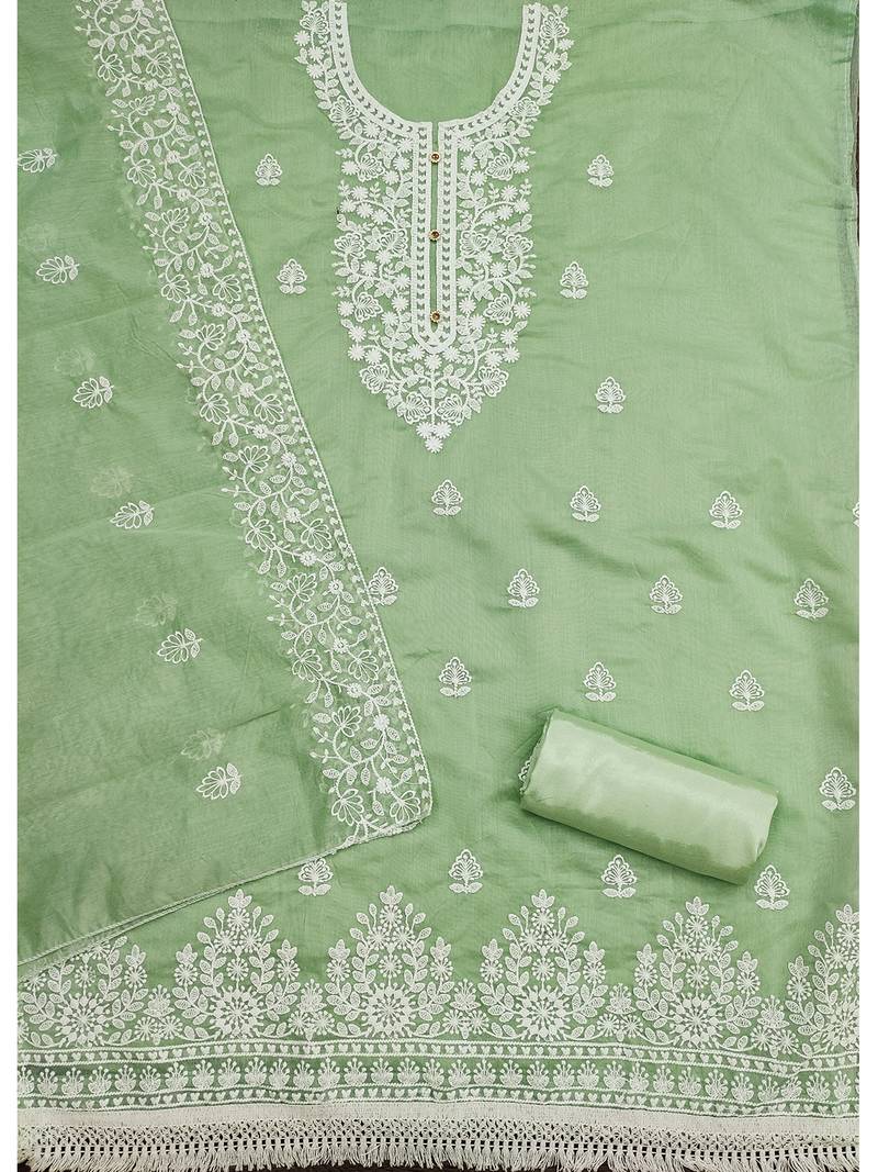 Women's Green Chanderi Cotton White Embroidered Lucknowi Chikankari Style Salwar Suit Dress Material