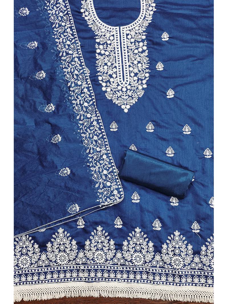 Women's Royal Blue Chanderi Cotton White Embroidered Lucknowi Chikankari Salwar Suit Dress Material