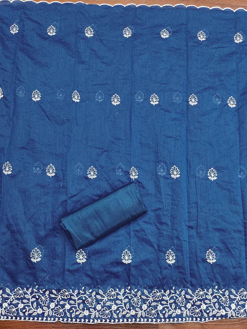 Women's Royal Blue Chanderi Cotton White Embroidered Lucknowi Chikankari Salwar Suit Dress Material