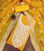 Women's Mustard Chanderi Cotton White Embroidered Lucknowi Chikankari Style Salwar Suit Dress Material