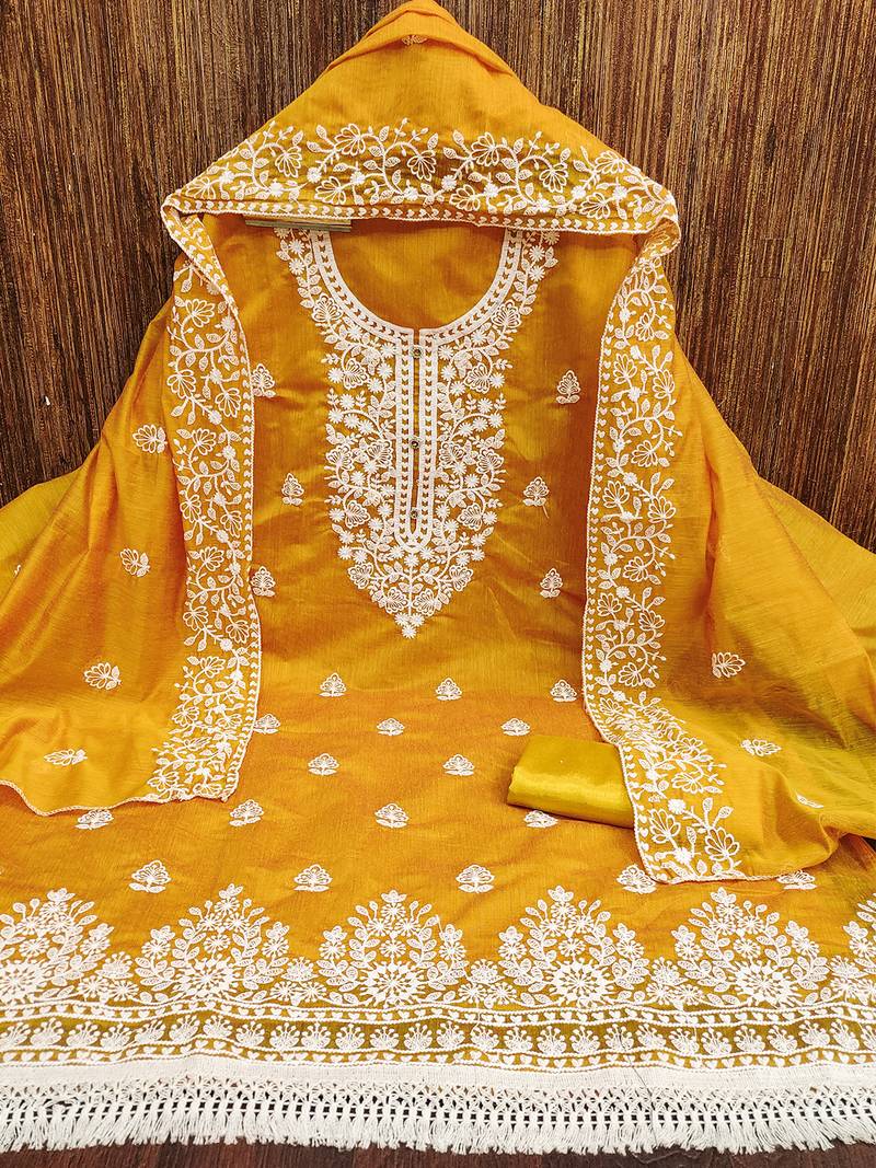 Women's Mustard Chanderi Cotton White Embroidered Lucknowi Chikankari Style Salwar Suit Dress Material